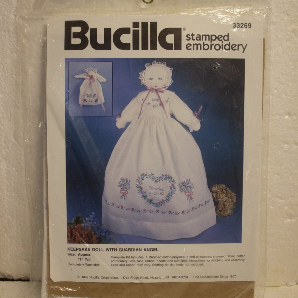 Vintage Bucilla Stamped Embroidery Kit Keepsake Doll with Guardian Angel